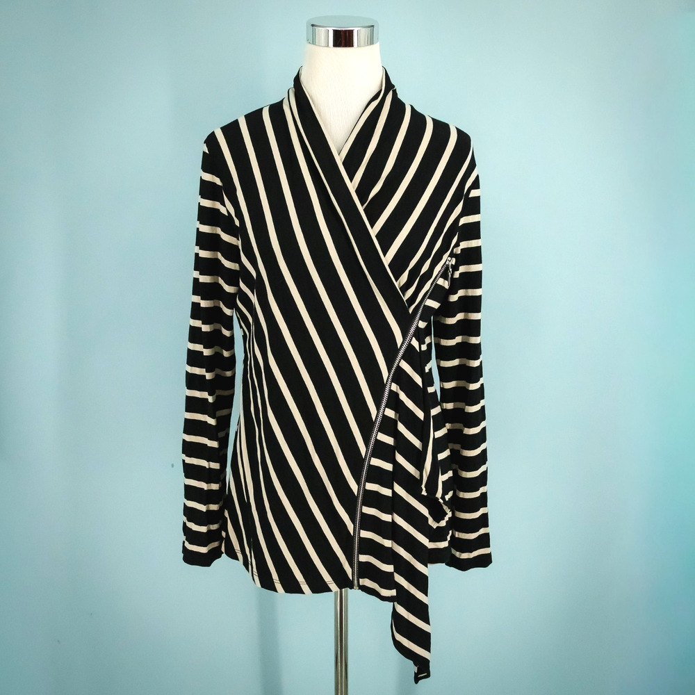 Joseph Ribkoff Size 14 Black White Stripe Asymmetrical Zip Long Sleeve Knit Top